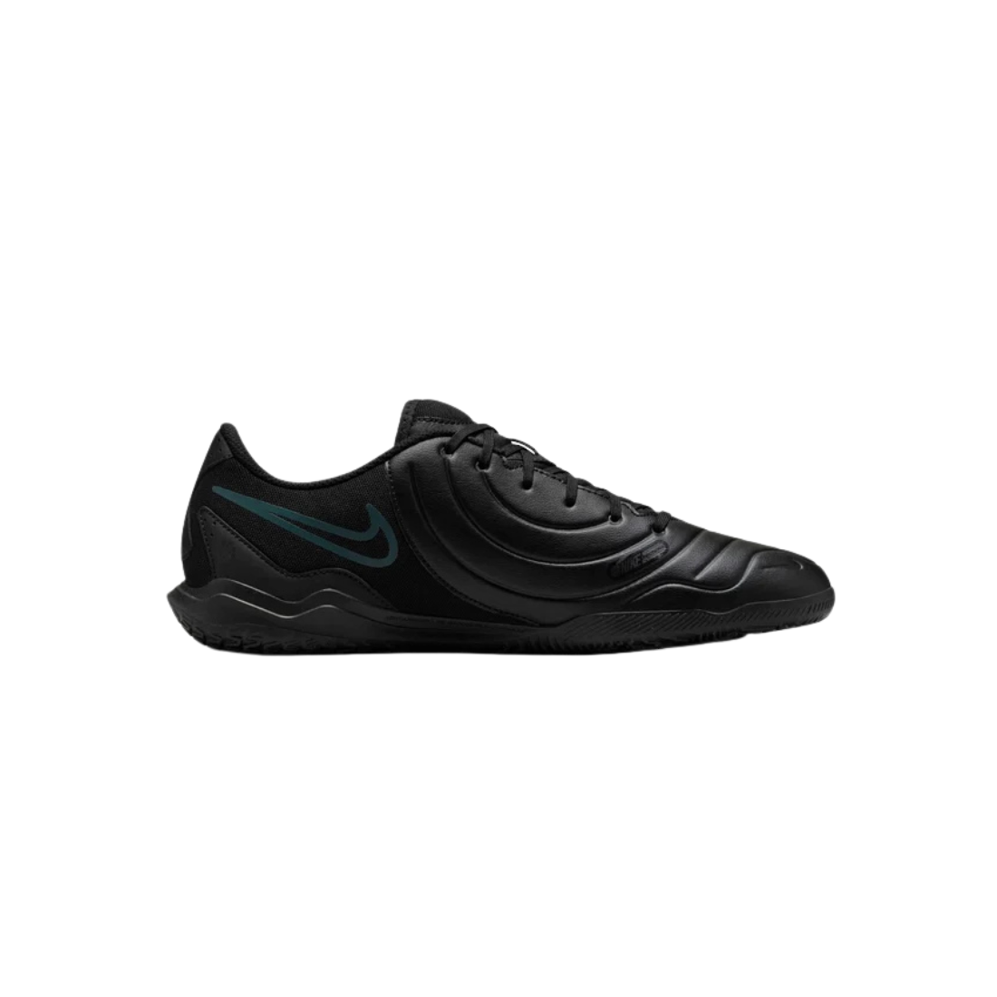 A black Nike soccer shoe with a subtle dark teal-green swoosh accent on the side, shown in profile against a plain white background.