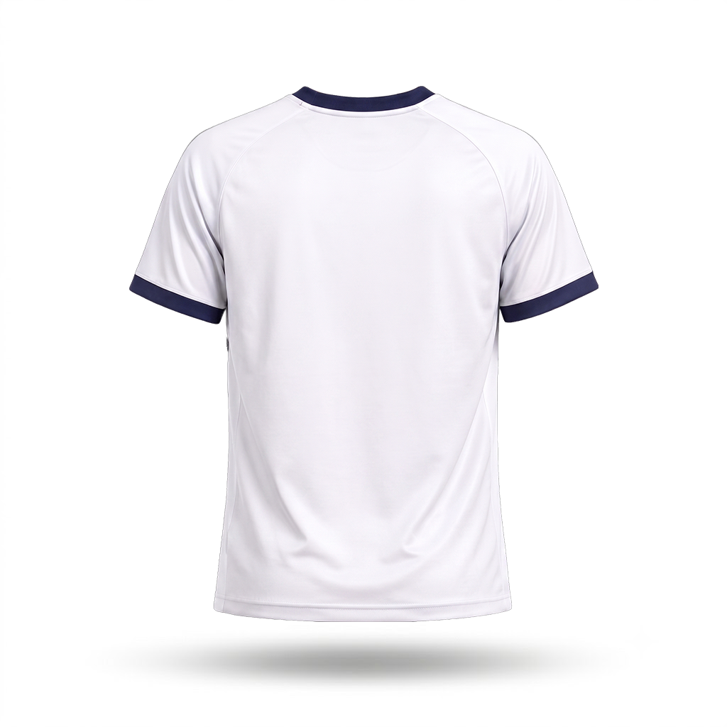 White t-shirt with navy accents on a white background