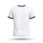 White t-shirt with navy accents on a white background
