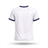 White t-shirt with navy accents on a white background