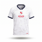 White sports jersey with red and blue accents on a white background