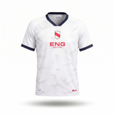 White sports jersey with red and blue accents on a white background