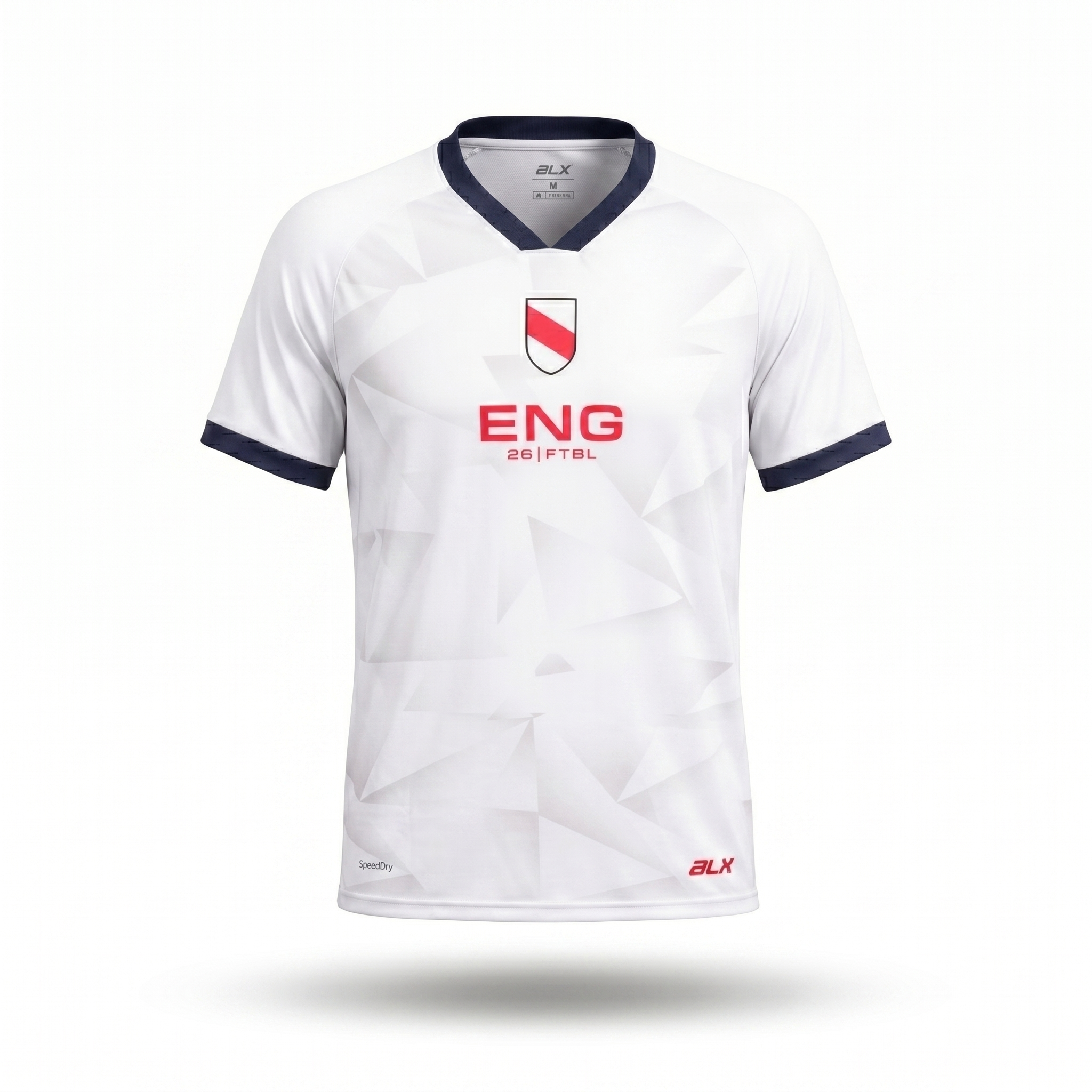 White sports jersey with red and blue accents on a white background