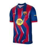 Red and blue sports jersey with a prominent logo on a white background