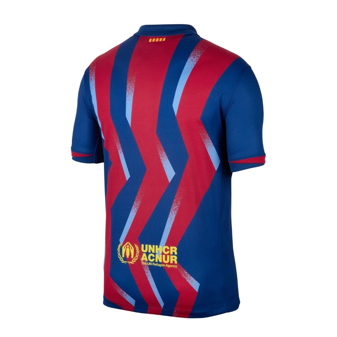 Blue and red sports jersey with UNHCR logo on a white background