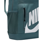 Close-up of a dark teal Nike backpack showing the side pocket with a mesh insert, a vertical zippered pocket, and part of the large white Nike logo on the front.