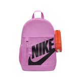 A pink Nike backpack with a large black logo and swoosh on the front, shown against a plain white background. An orange zippered pouch is attached to the side of the backpack.