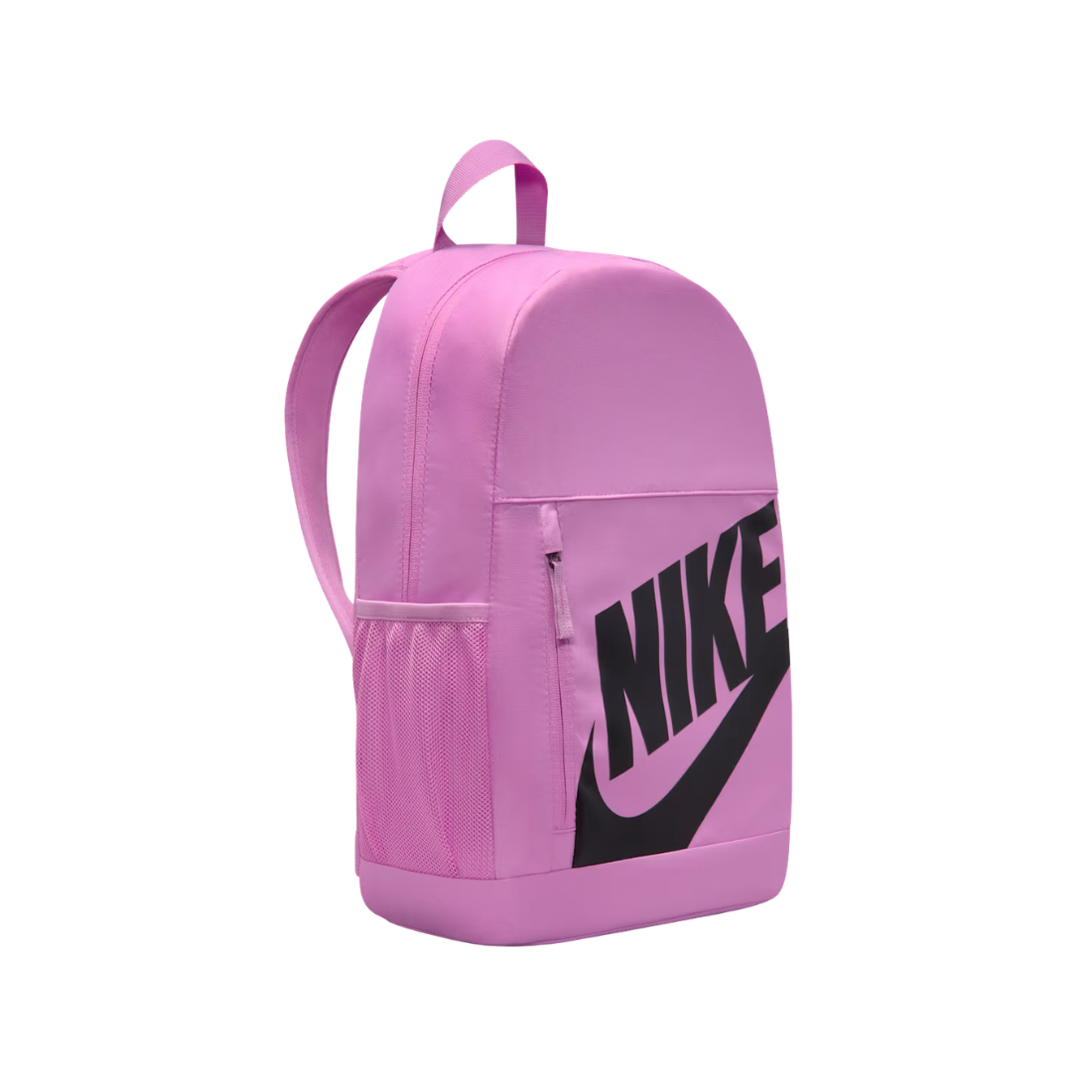 A pink Nike backpack with a large black logo printed on the front, shown against a plain white background.