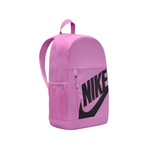 A pink Nike backpack with a large black logo printed on the front, shown against a plain white background.