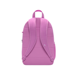 A pink backpack shown from the back, featuring padded shoulder straps, a top carry handle, and a zippered main compartment, isolated on a white background.