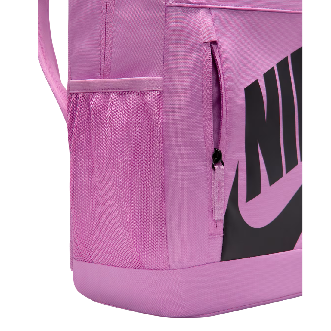 A close-up of a pink Nike duffel bag showing a side mesh pocket, a zippered compartment, and a large black Nike logo on the side.