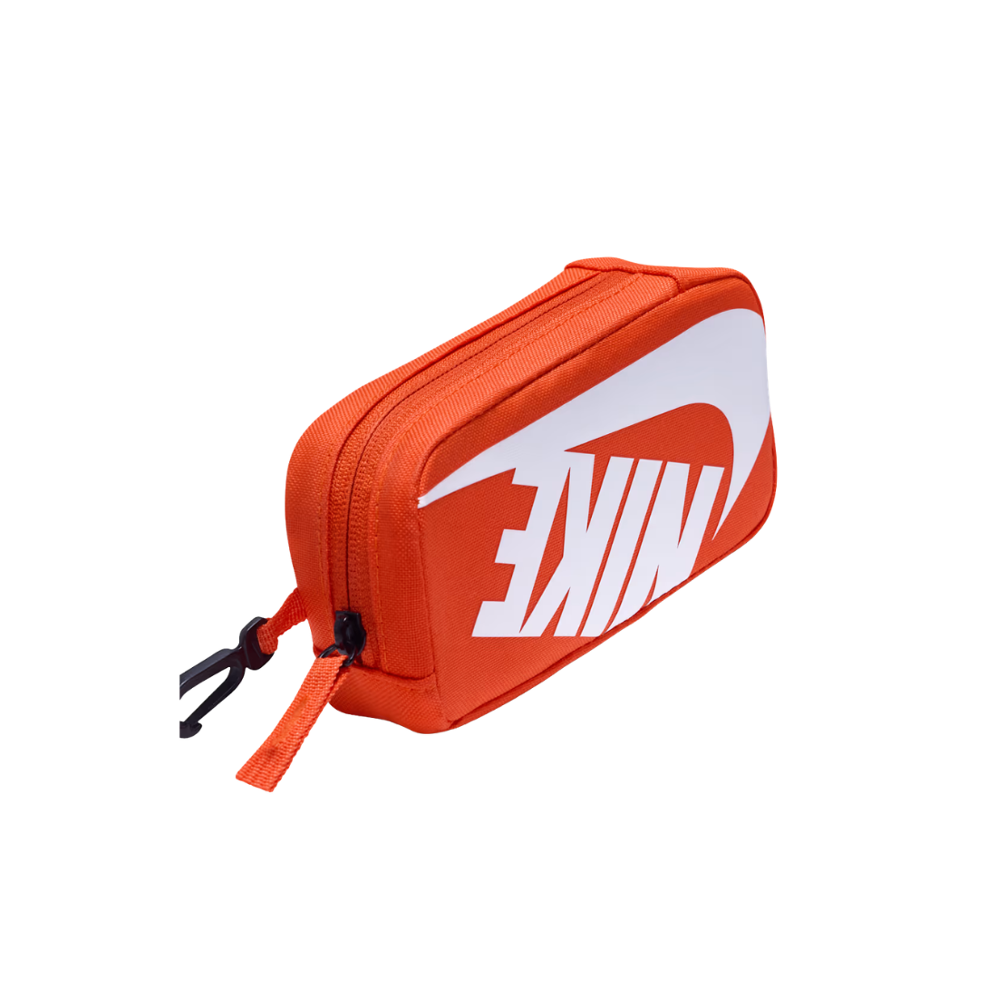 An orange Nike zippered pouch featuring a large white Nike logo on the front, set against a plain white background.