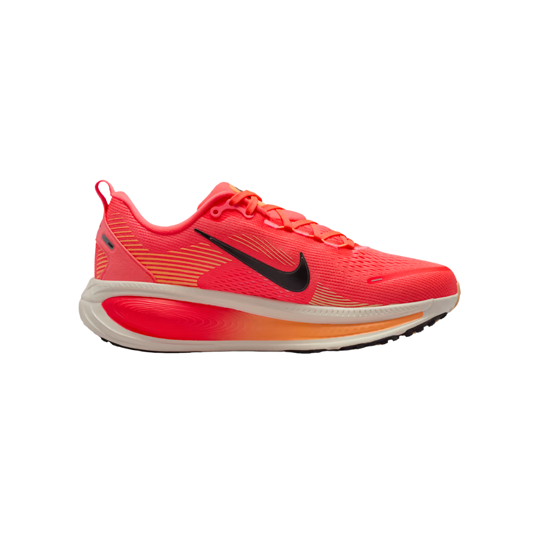 A Nike running shoe in a vibrant neon orange-red colorway, featuring a black Swoosh logo on the side, orange gradient accents on the midsole, and a white and orange cushioned sole, set against a plain white background.