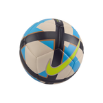 A Nike soccer ball with a geometric pattern of beige, light blue, and black panels, accented by a bright lime green swoosh and thin orange lines, shown on a plain white background.