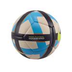 Nike Futsal Maestro indoor soccer ball featuring a geometric pattern of light blue, beige, and black panels with a small neon yellow-green swoosh.