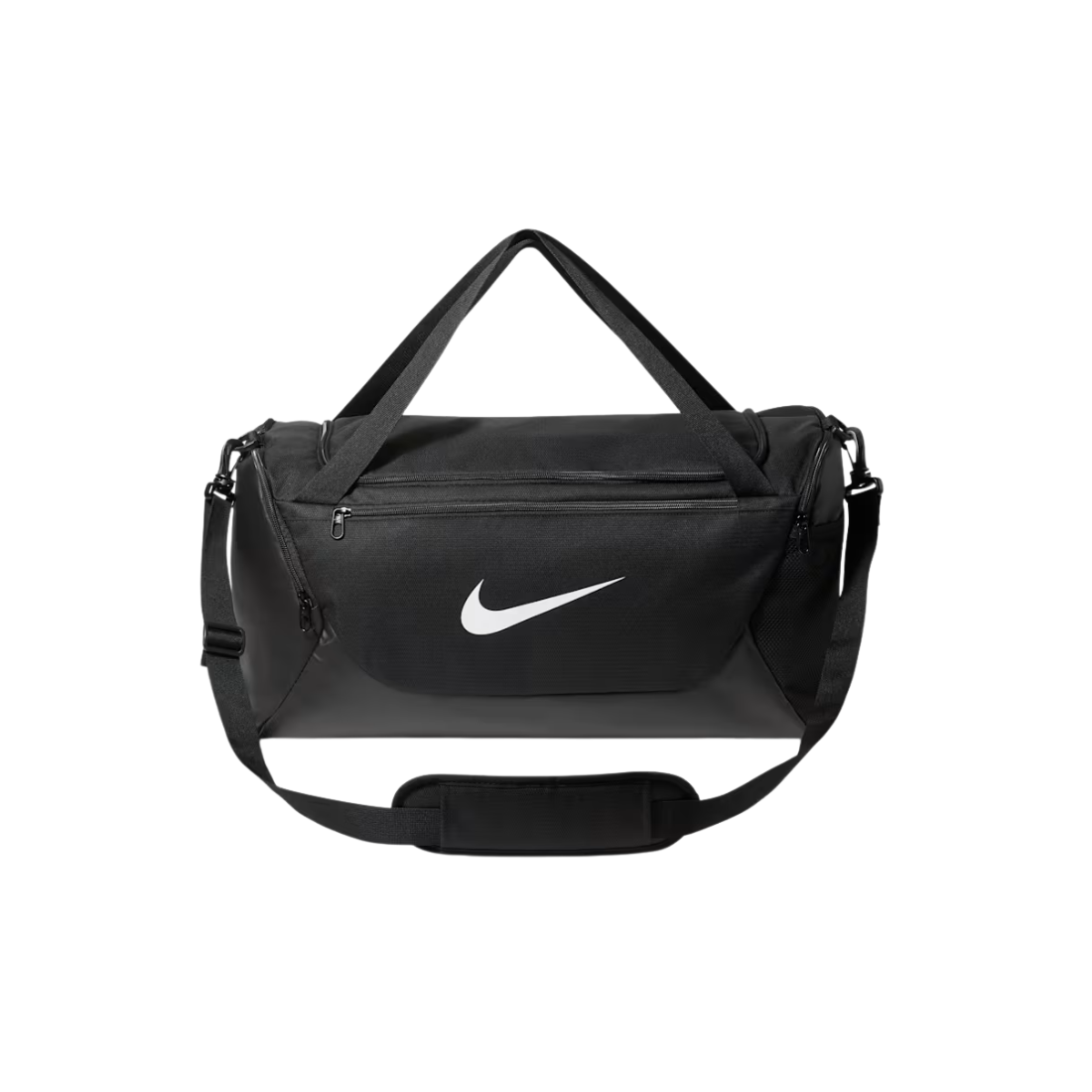 A black Nike duffel bag with a white Swoosh logo on the front, featuring dual top handles and an adjustable shoulder strap, set against a plain white background.