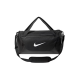 A black Nike duffel bag with a white Swoosh logo on the front, featuring dual top handles and an adjustable shoulder strap, set against a plain white background.