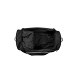 A black duffel bag shown from a top-down view with its main compartment open, revealing a black interior lining, set against a plain white background.