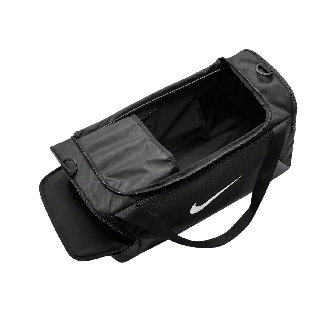 A black Nike duffel bag with an open top, showing a white Nike swoosh logo on the side, set against a plain white background.