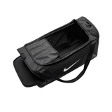 A black Nike duffel bag with an open top, showing a white Nike swoosh logo on the side, set against a plain white background.