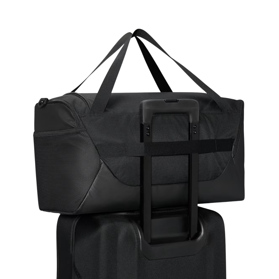 Black duffel bag with wheels on a white background