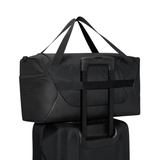 Black duffel bag with wheels on a white background