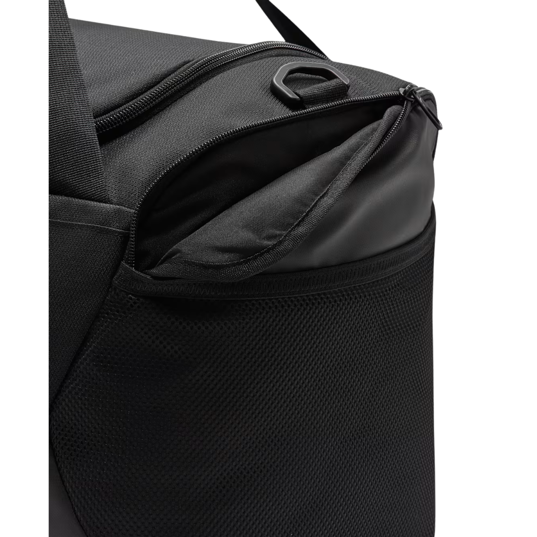 Close-up of a black duffel bag showing the open top zipper, interior lining, and a black D-ring on a white background.