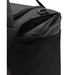Close-up of a black duffel bag showing the open top zipper, interior lining, and a black D-ring on a white background.