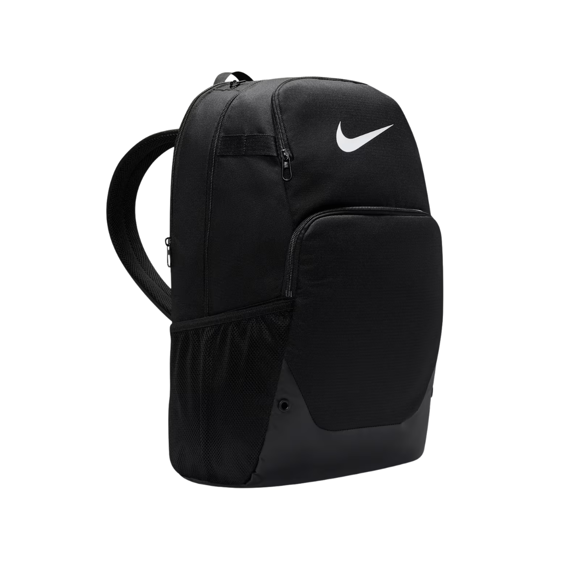 A black Nike backpack with a white swoosh logo on the front, shown against a plain white background.