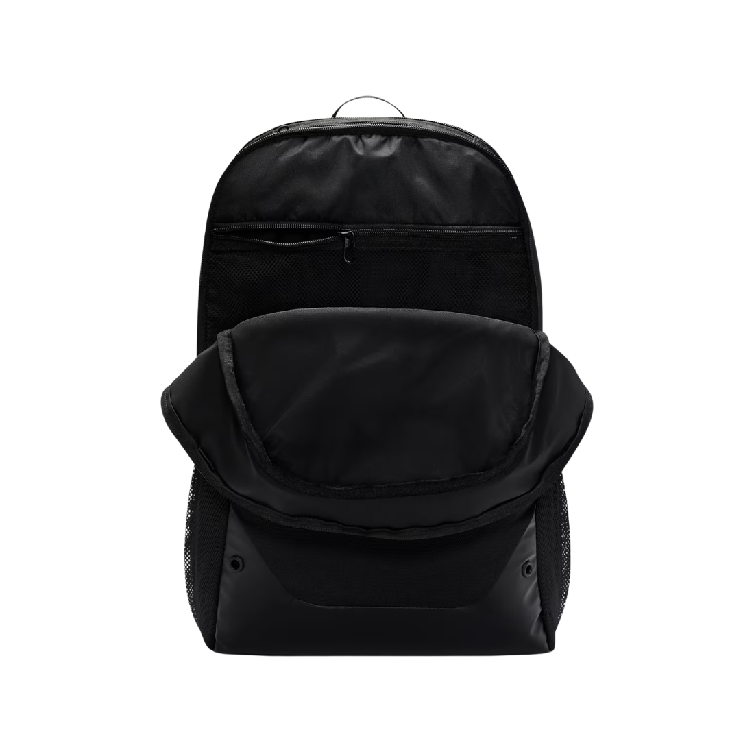 A black backpack shown from the front with the main flap open, revealing a zippered compartment inside, photographed on a plain white background.