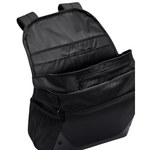 A black backpack shown open to display its interior compartments, including a main zippered compartment, a front zippered pocket, and a mesh side pocket, set against a plain white background.