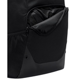 Close-up of a black backpack showing a zippered pocket with a black interior lining and a black mesh side pocket against a white background.