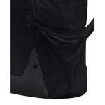 Close-up of a black backpack showing a side mesh pocket, zipper, and textured fabric against a white background.