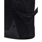 Close-up of a black backpack showing a side mesh pocket, zipper, and textured fabric against a white background.