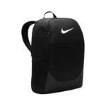 A black Nike backpack with a white Swoosh logo on the front, shown from a three-quarter angle against a plain white background.