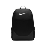 A black Nike backpack with a white Swoosh logo on the front, set against a plain white background.