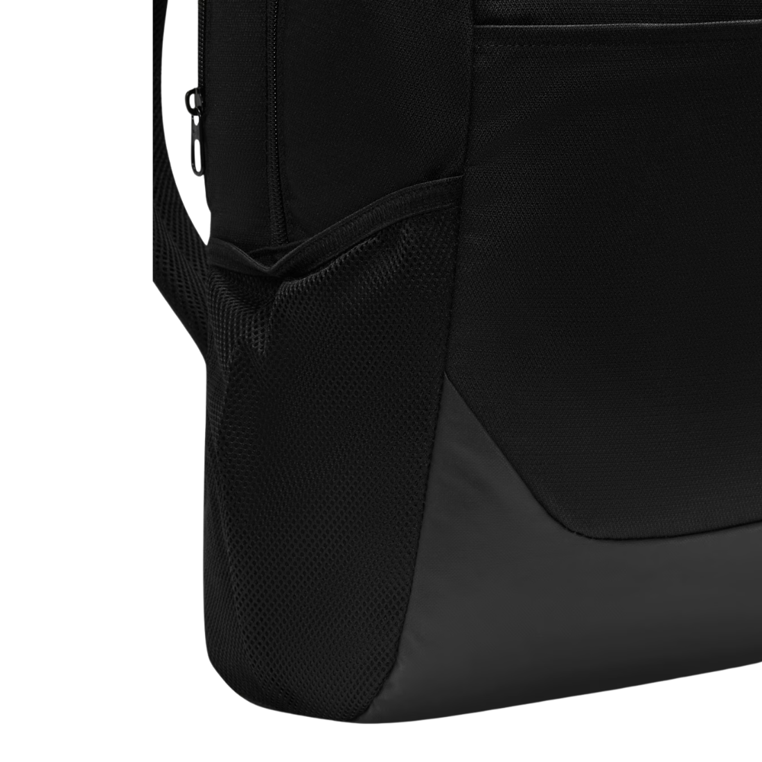 Close-up of a black backpack showing a side mesh pocket, zipper, and textured fabric panel against a white background.