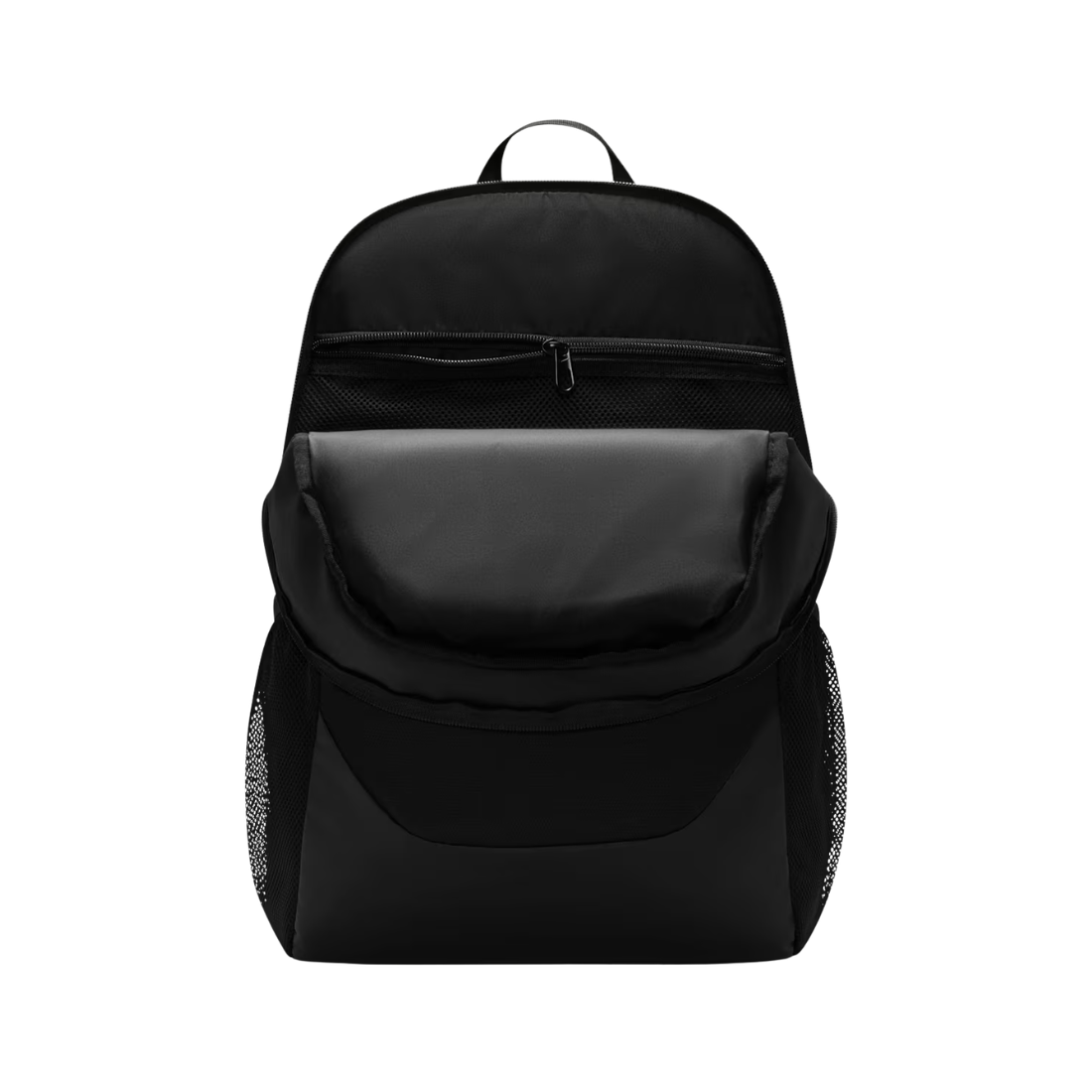 A black backpack with multiple zippered compartments and side mesh pockets, shown from the front on a plain white background.