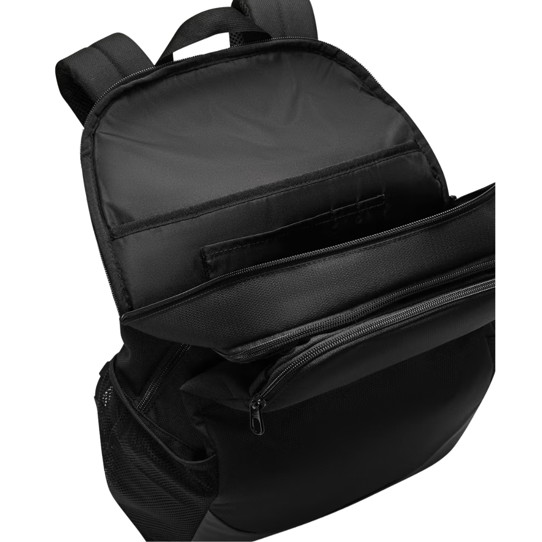Black backpack shown open to display the interior compartments, including a main zippered compartment, a front zip pocket, and side mesh pockets, on a plain white background.