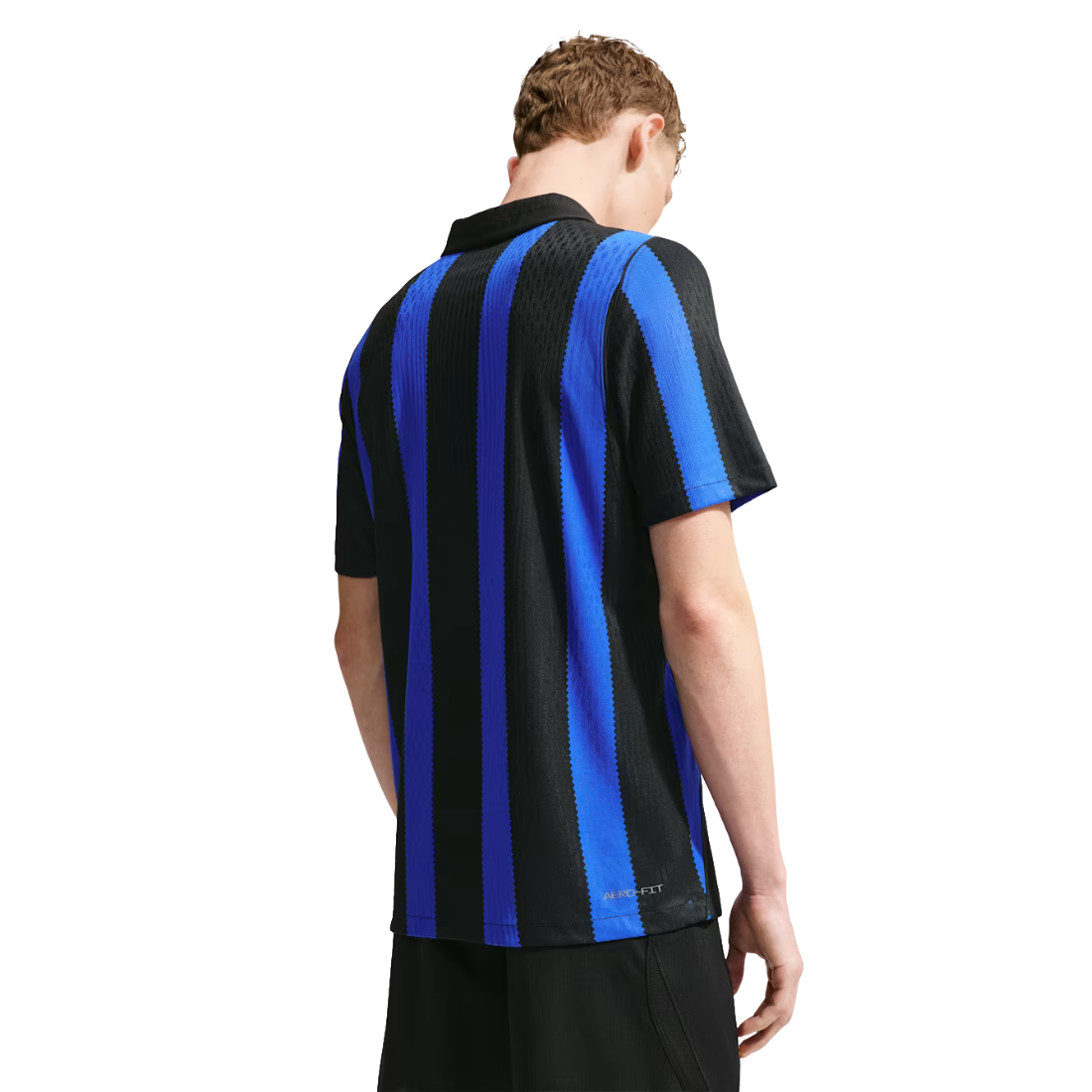 A man wearing a short-sleeve athletic jersey with vertical black and royal blue stripes, shown from the back against a plain white background.