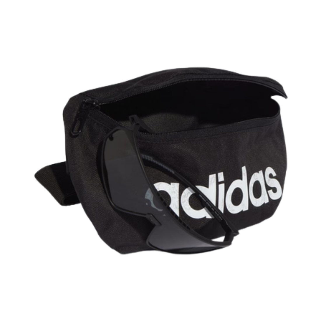 Adidas Daily waistbag in black with white logo and black sunglasses resting on top