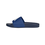 A single blue slide sandal with a navy footbed and sole, shown from a side profile view against a plain white background.