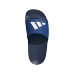 A single Adidas slide sandal shown from a top-down view on a plain white background. The sandal features a navy blue footbed and a royal blue strap with a white Adidas logo.