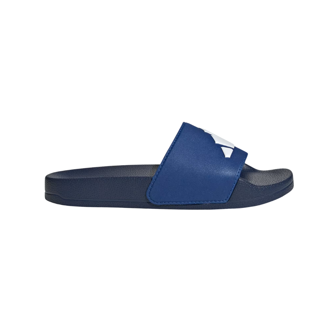 A single black Adidas slide sandal shown in profile against a clean white background. The sandal features a textured, ridged sole and a strap with raised circular bumps, with the white 'adidas' logo printed on the side.