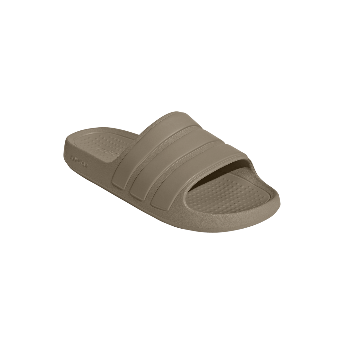 A single taupe-brown slide sandal with three parallel straps and a textured footbed, shown from a three-quarters angle on a solid white background.
