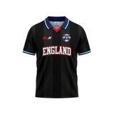 Black sports jersey with 'England' text and logo on a white background