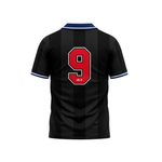 Black sports jersey with red number 9 on a white background