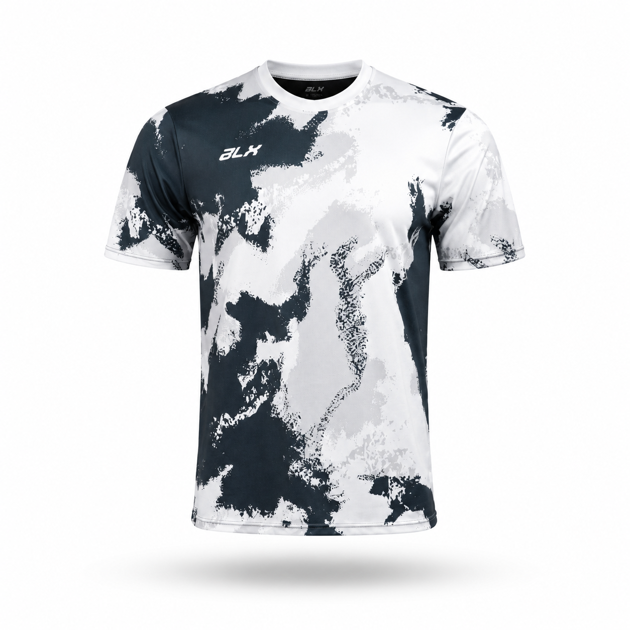 A short-sleeve athletic t-shirt with a dark navy and light gray digital camouflage pattern on a white background, featuring the ALX logo on the left chest.