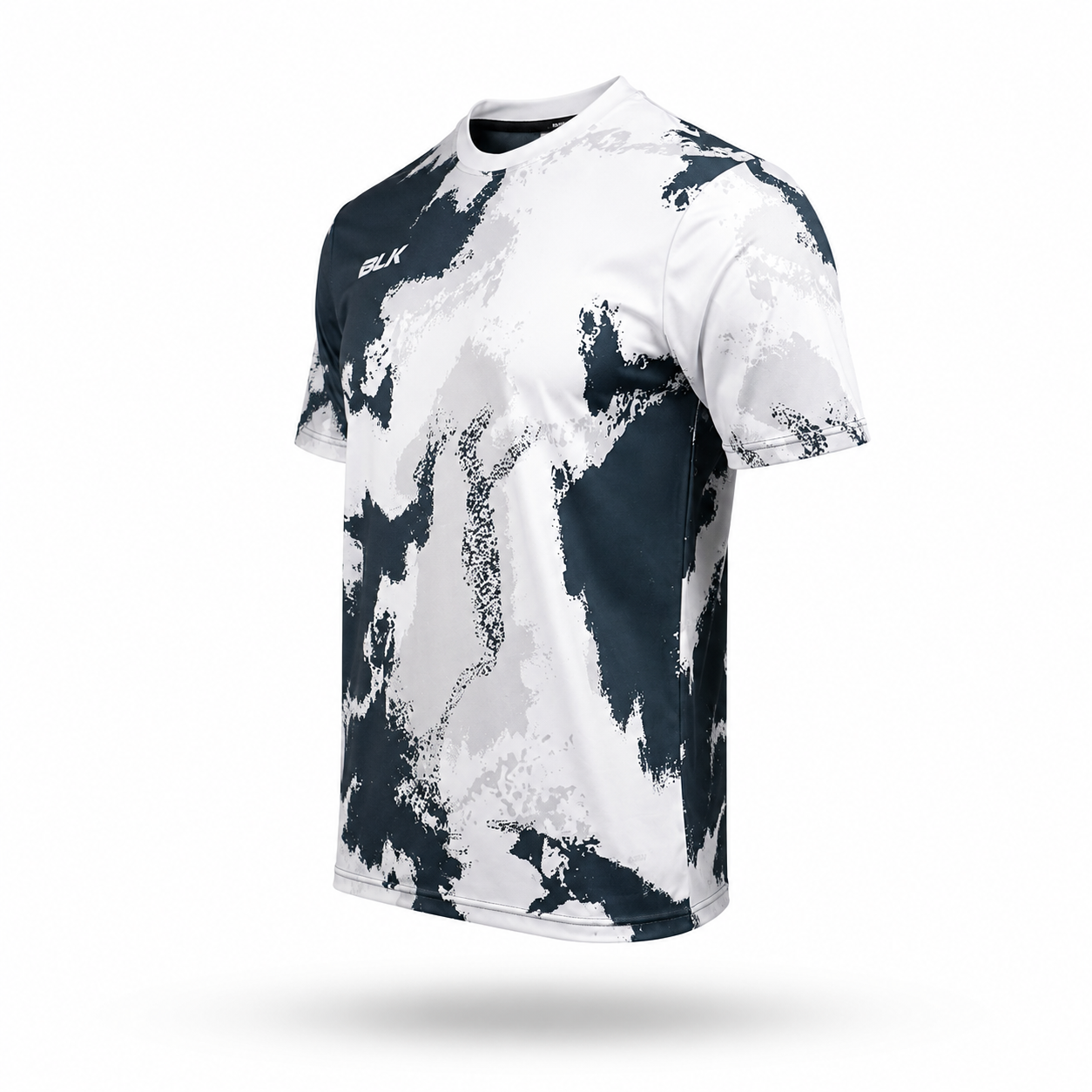 A short-sleeve athletic t-shirt with a modern abstract camouflage pattern in white, light gray, and dark navy blue, shown floating against a plain white background.