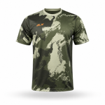 A short-sleeve athletic t-shirt featuring a green and beige camouflage pattern with a small orange 'ALX' logo on the left chest, displayed on a clean white background.